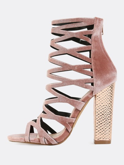 Smooth Velvet Caged Chunky Heels MAUVE