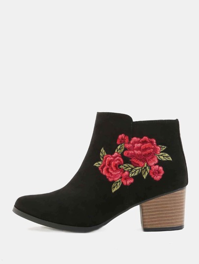 Embroidered Ankle Booties BLACK