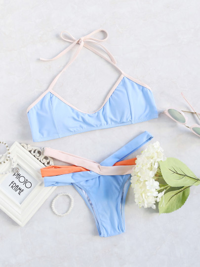 Collection de bikini à collier color-block -bleu