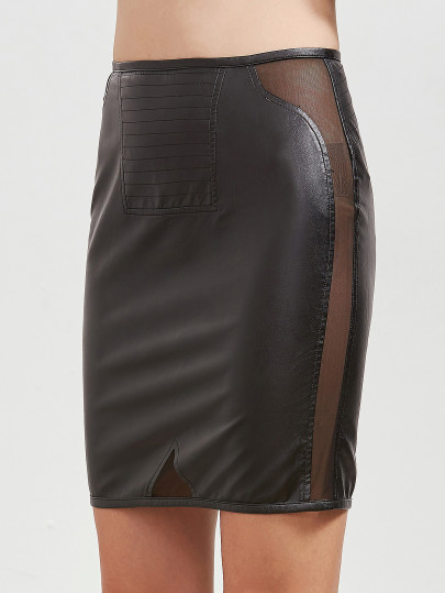 Mesh Insert Faux Leather Skirt