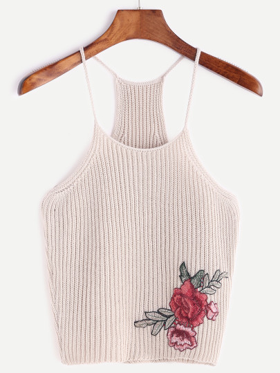 Beige top capestro alla moda con ricami floreali