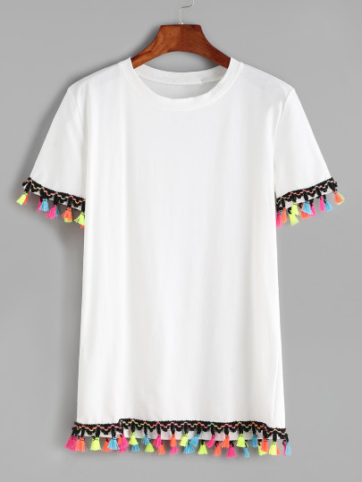Contrast Crochet Fringe Trim T-shirt