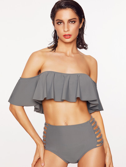 Frill Bardot Neckline Ladder Cutout Bikini Set