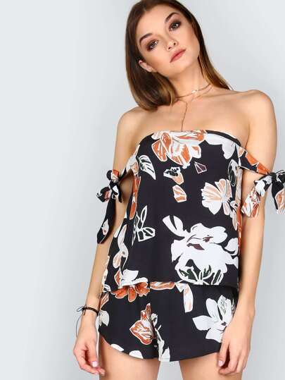 Tie Sleeve Floral Top NAVY
