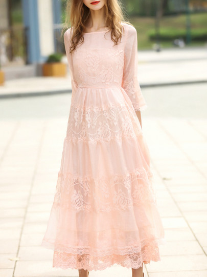 Apricot Crew Neck Sheer Lace Maxi Dress