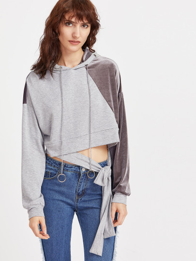 Contrast Mixed Media Chain Drawstring Hoodie With Belt Detail