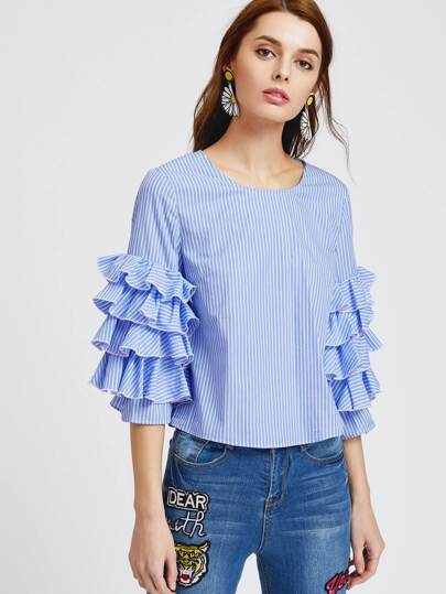 Layered Ruffle Sleeve Pinstripe Top