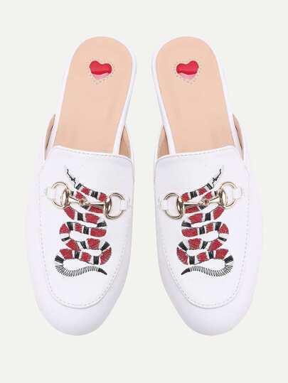 White Snake Embroidery Loafer Mules