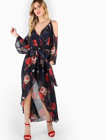 Flower Print Cold Shoulder Surplice Wrap Dress
