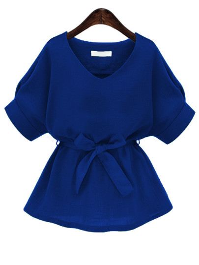 Blusa con cuello en V con cordón - azul