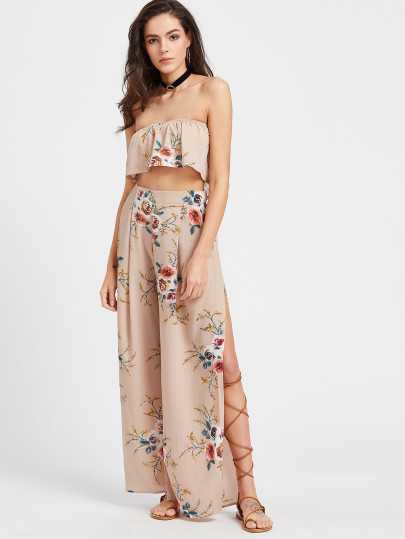 Florals Frill Layered Bandeau Top With Split Pants