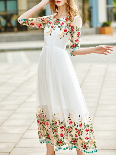 White Gauze Flowers Embroidered Dress