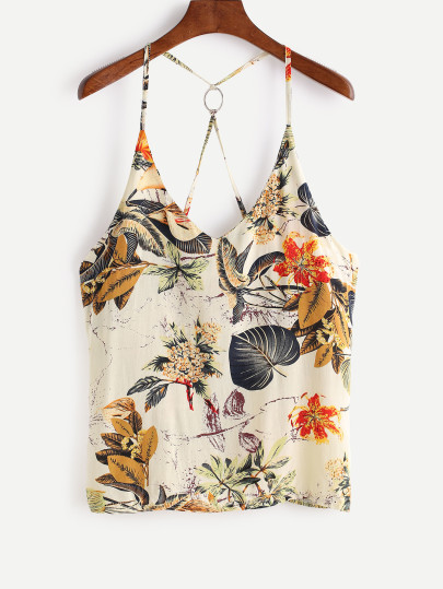 Tropical Print Metal Ring Halter Top