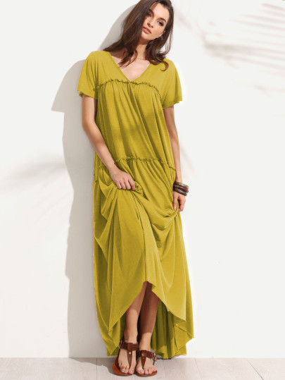Double V Neck Frilled Tent Dress