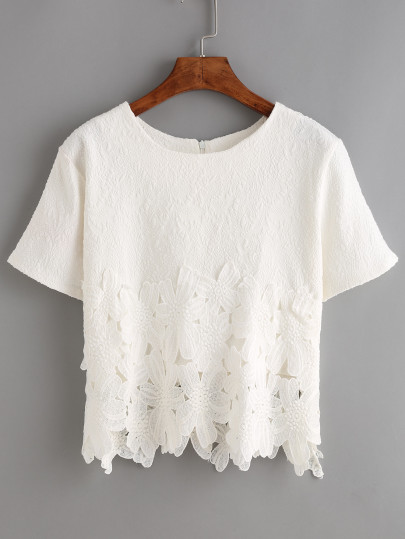 Lace Insert Jacquard Zip Back Blouse
