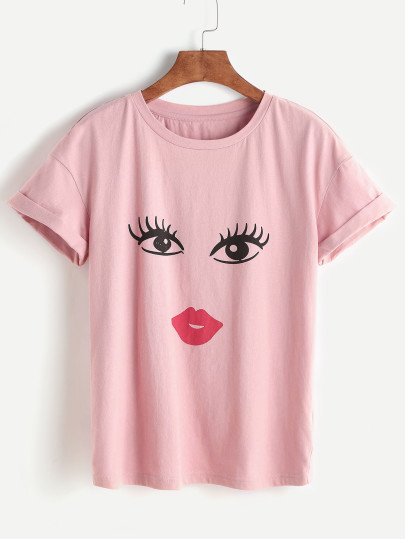 Eye Print Dropped Shoulder Rolled Cuff Tee