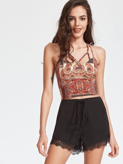 Top con stampa patchwork doppie spalline incrociate - multicolore