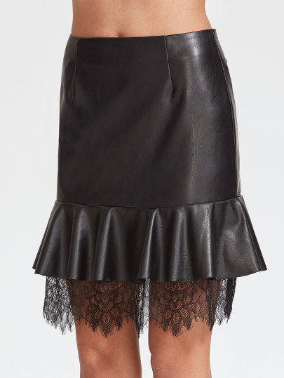 Black Coated Lace Trim Ruffle Skirt