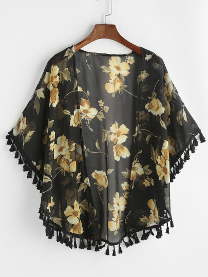Kimono de chifón con estampado y ribete con flecos - negro
