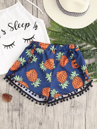 Pineapple Print Pom Pom Hem Shorts