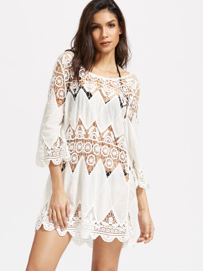 Bianco scava fuori Crochet del pettine orlo Up Dress copertina