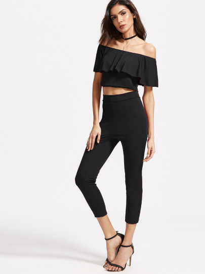 Off The Shoulder Ruffle Crop Top With Pants