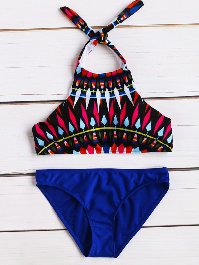 Blue Geometric Print Halter Mix & Match Bikini Set