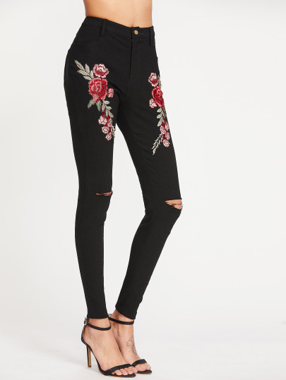 pantalon de genou cassés avec une application rose - noir