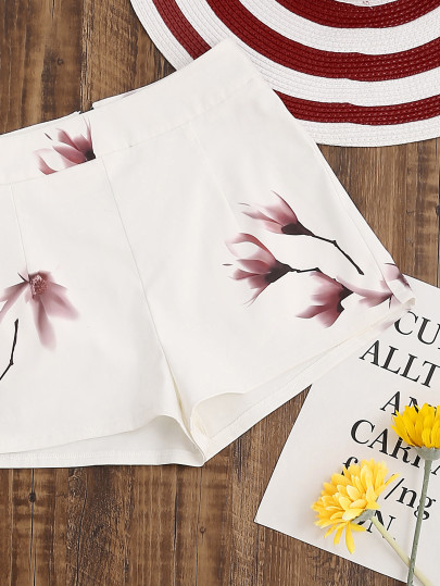 Flower Print Zip Back Shorts