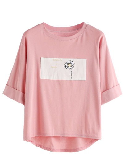 Camiseta estampada de margarita asimétrica - rosa