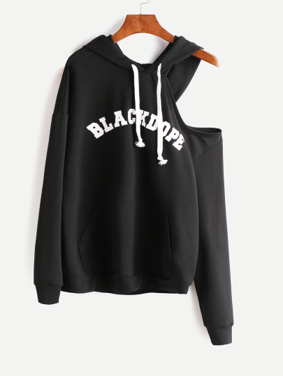 Letter Print Cutout Shoulder Hooded Pocket Front Sweatshirt
