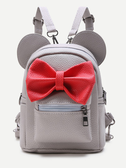 Grey Ear Shaped PU Backpack With Contrast Bow