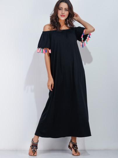 Off Shoulder Tassel Trim Beach Dress