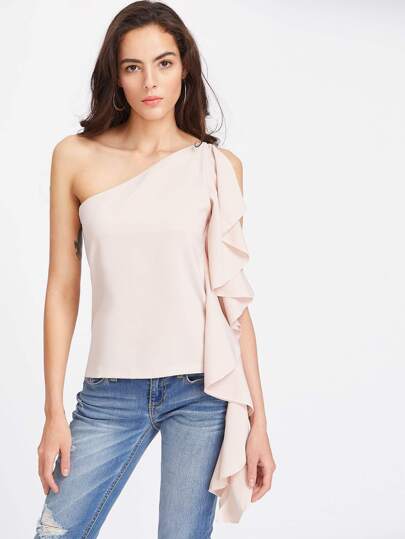 Top con hombros abiertos y ribete con volantes - rosa