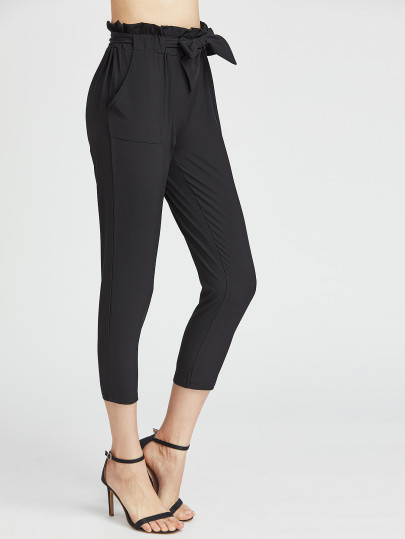 Schwarze Rüsche Taille Krawatte Capri Hose