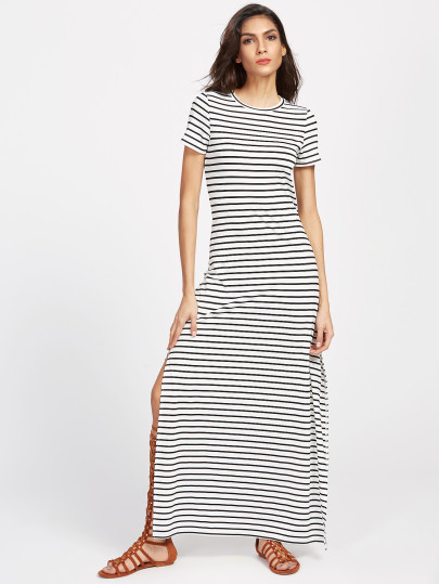 Vestido de rayas con abertura lateral - negro blanco