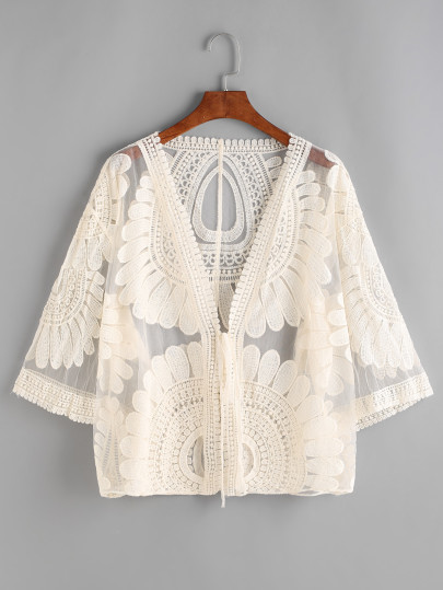 Beige ricamato Sheer Mesh Top