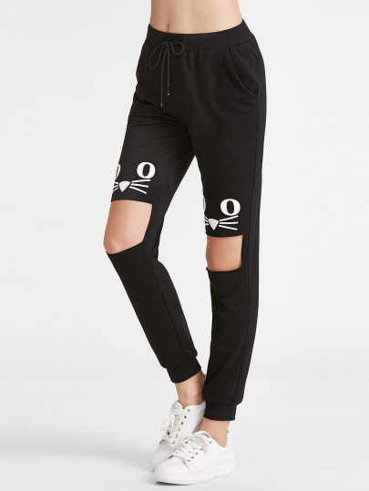 Schwarze Katze Print Offene Knie Sweatpants