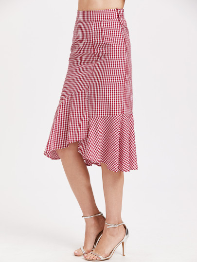 Gingham Frill Trim Asymmetric Skirt