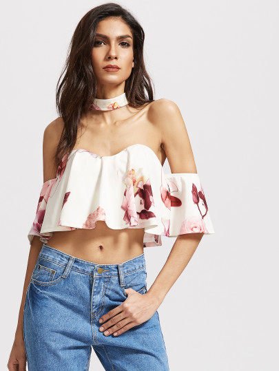Flower Print Choker Neck Flyaway Top