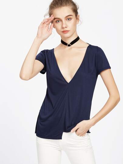 Deep V Neck Crisscross Back Slit Staggered Hem T-shirt