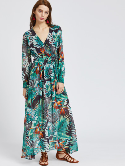 Vestido con estampado tropical de cuello en V de chifón con cinturón