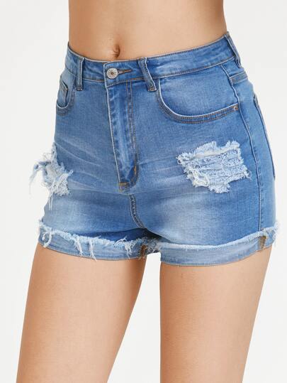 Bleach Wash Ripped Denim Shorts