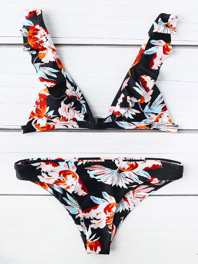 Set bikini con estampado de flor de tirantes con volantes - negro