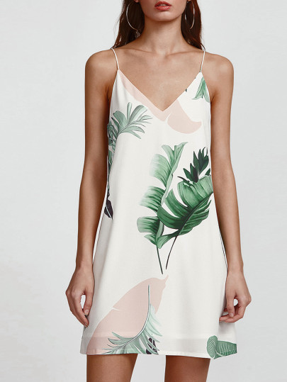 Vestido con cuello en V con estampado tropical - blanco