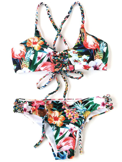 Sets de bikini con estampado floral con tirante trenzado espalda cruzada