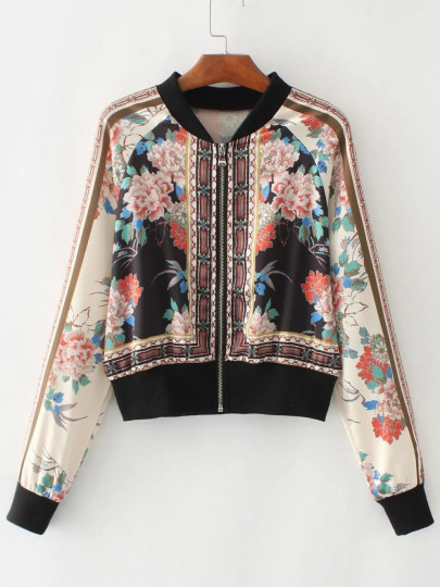 Calico Print Raglan Sleeve Bomber Jacket