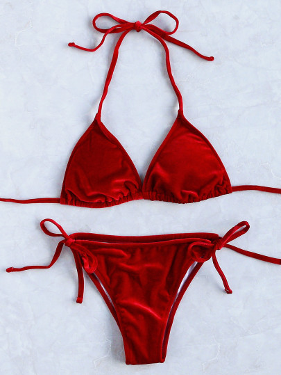 Legame di arco rosso velluto triangolo Bikini