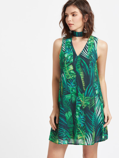 robe imprimée tropicale avec choker du cou et de l'ouverture - Vert