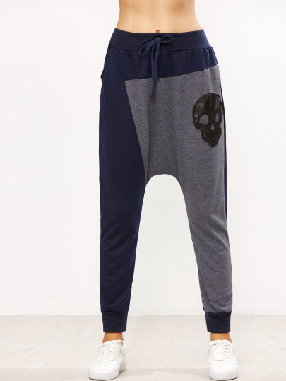 Pantalon contrasté crâne pièces avec cordon taille